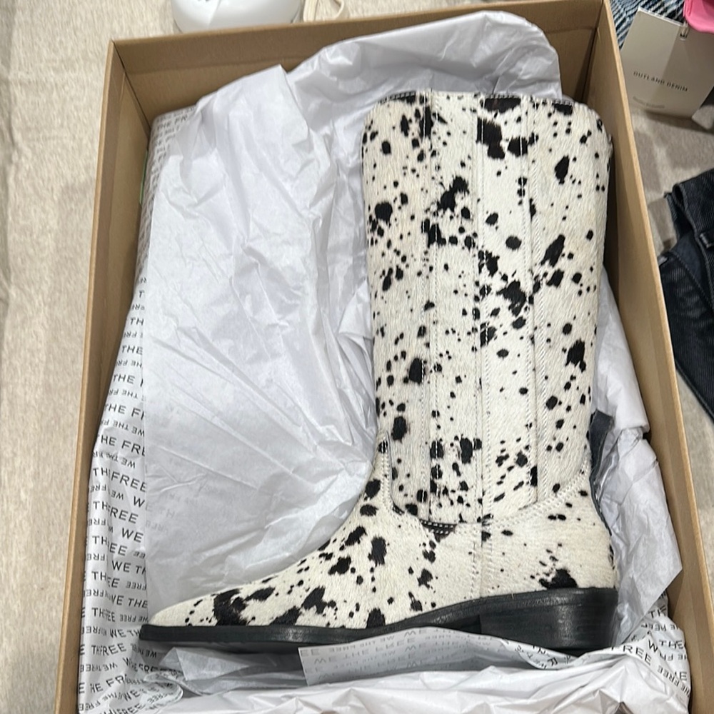 Free People Black and White Cow Print Boots